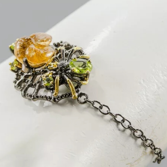 Hand carved Citrine & Peridot 8" Sterling & Rhodium bracelet - Picture 5 of 17
